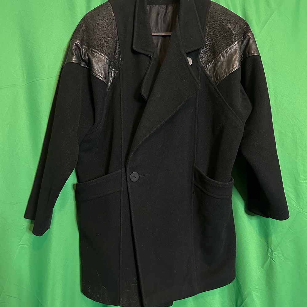 VINTAGE USA-made OSTRICH leather black wool peacoat